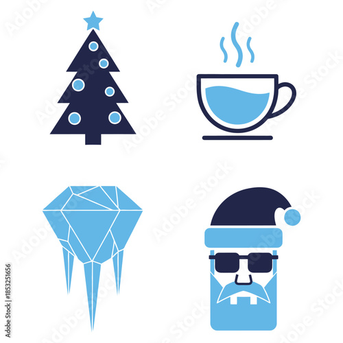 Winter flat icons vector set with Christmas tree hot drink ice crystal and cold face symbols for seasonal weather holiday and app design