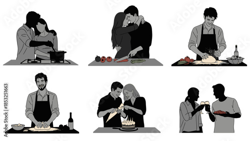 A collection depicting couples in love enjoying food and celebrating.
