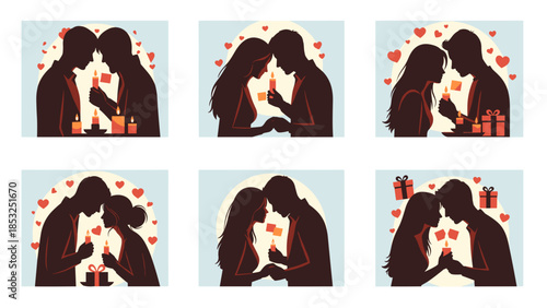 Romantic silhouettes couple sharing candlelit moments with heart accents