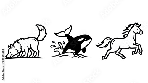 Line art animals wolf orca horse in vector illustration for design