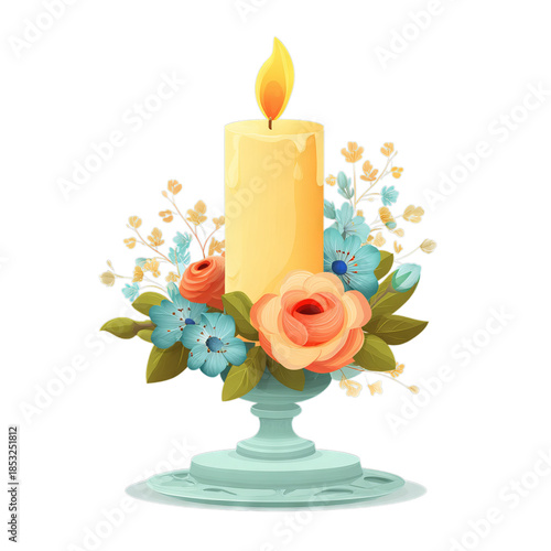 Candle with floral holder. Isolated white background. Png format