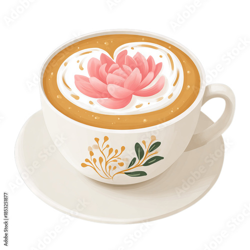 Coffee cup with flower latte art. Isolated white background. Png format