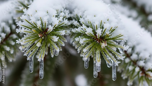 Snowy Pine Tree Branch with Icicles in Winter Landscape