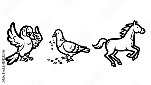 Line art illustrations of parrot dove and horse animals in action