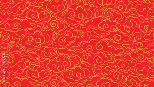 Vibrant red background with intricate yellow swirling patterns and floral designs resembling traditional Chinese art