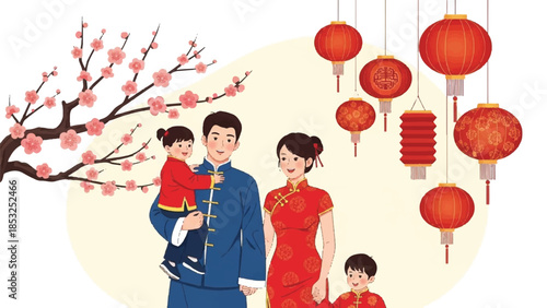 A family in traditional attire celebrating under blooming cherry blossoms with hanging lanterns