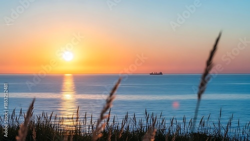 Sunset over calm ocean with ship and tall grass