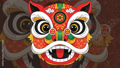 Vibrant Lion Dance Mask Illustration in Traditional Chinese Culture Setting