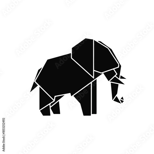 Geometric Low Poly Black Elephant Illustration Featuring Angular Shapes and Lines