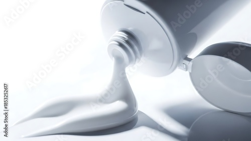 Toothpaste tube squeezing white gel on white surface