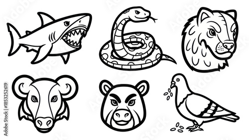 Line art illustrations of various animals shark snake bear badger pigeon