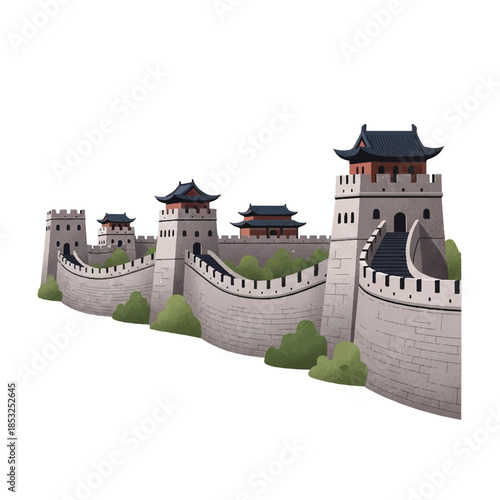 Ancient Chinese Wall Structure with Watchtowers and Pagoda Roofs in a Serene Landscape Scene