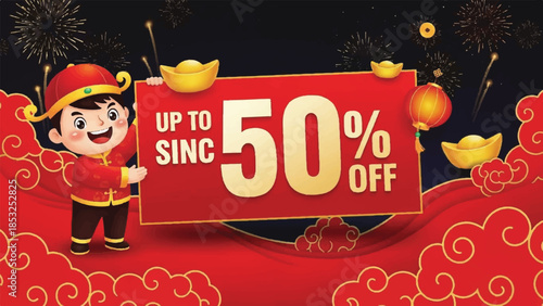 A festive Chinese New Year celebration scene with a cartoon boy holding a red banner offering up to 50% discount surrounded by clouds and gold ingots