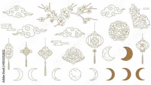 Moon phases and lanterns float among clouds in a serene night sky scene eps illustration