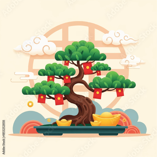 A serene bonsai tree with red lanterns in a tranquil oriental setting