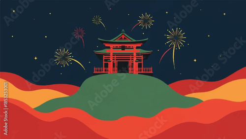Illustration of a traditional pagoda on a hill with fireworks exploding in the night sky