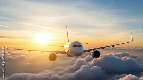 Airplane soaring through sunrise clouds, symbolizing freedom and adventure