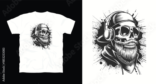 Cool hipster skull with beard sunglasses and headphones wearing baseball cap and bandana t-shirt design