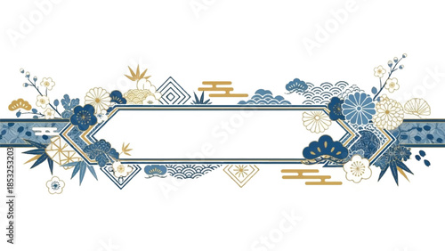 An ornate blue and gold decorative frame with floral motifs and geometric patterns