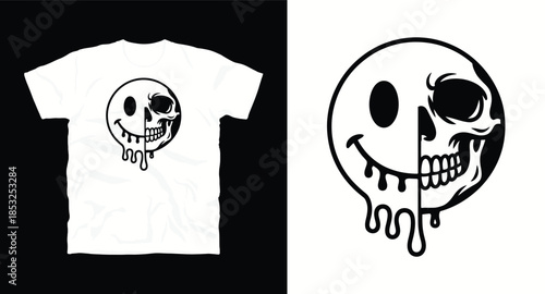 Melting smiley face half skull split head creative graphic for clothing t-shirt design