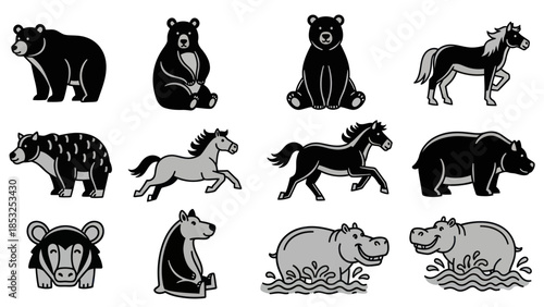 Stylized animal illustrations bears horses and hippos in black and white