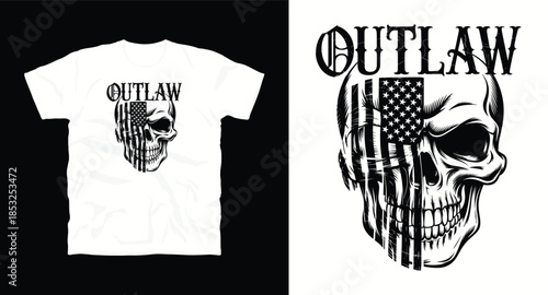 Skull with american flag overlay and text outlaw t-shirt design