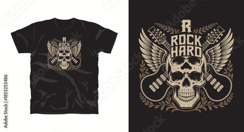 A vintage skull with angel wings and two electric guitars, accompanied by text and leaves t-shirt design