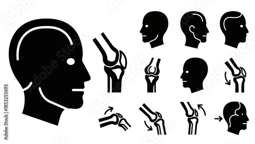 Medical illustrations of human head profiles and knee joint silhouettes