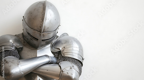 An antique medieval knight armor stands guard, a silent sentinel of history. The polished steel gleams, reflecting tales of chivalry and valor. A piece of heritage, timeless and strong.