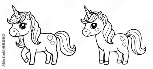 Cute fantasy unicorn on a rainbow among the clouds. Black and white. Vector