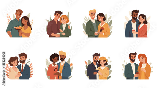 Diverse collection of illustrations showcases couples from varying ethnicities in embracing