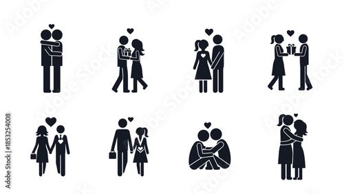 Affectionate couple relationship silhouette icons show love and support