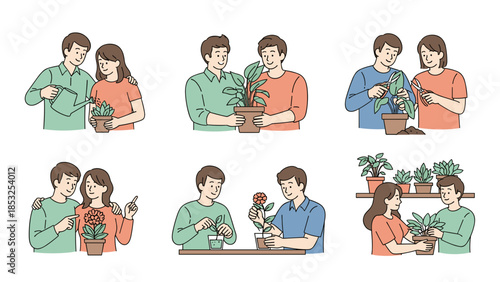 Couple tending to houseplants together, nurturing plants, hand drawn illustrations