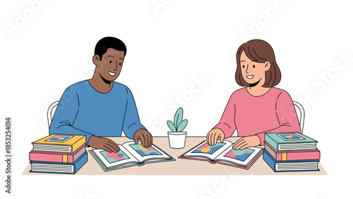 Diverse students study with books at desk in cheerful learning illustration