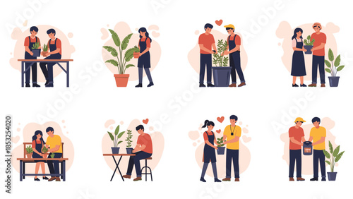 Romantic couples engage in plant care, gardening, and florist activities illustrations