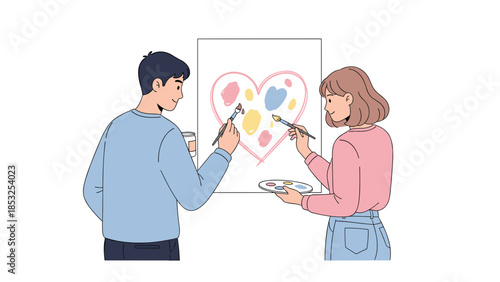 Couple painting heart together in studio, love and creativity concept
