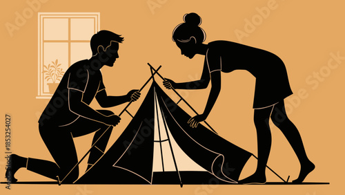 Silhouette couple setting up a camping tent indoors, adventure recreation