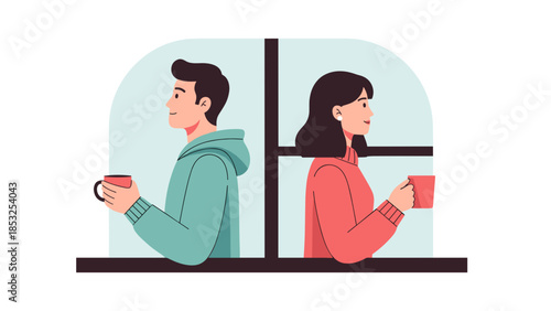Contemplative couple stands thoughtfully while holding cups near a window