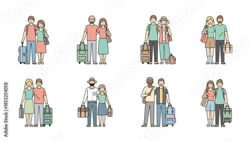 Diverse couples traveling together with suitcases in vector format