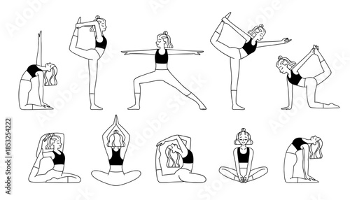 Collection of line art drawing with women practicing yoga and stretching in different poses. Vector female characters in asanas for web, logo, app, or social media posts. 