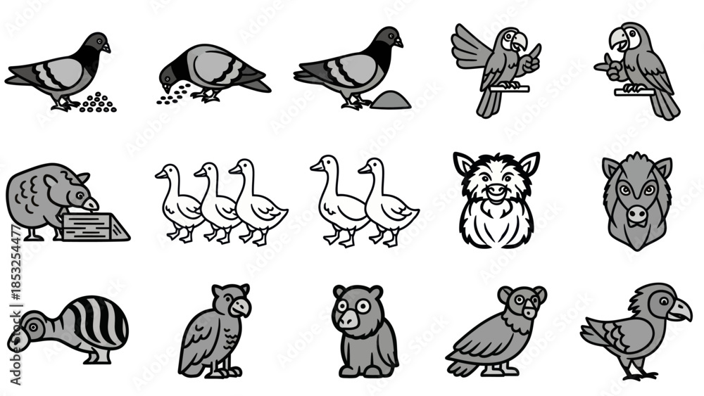 Fototapeta premium Various stylized animal illustrations in grayscale perfect for design projects