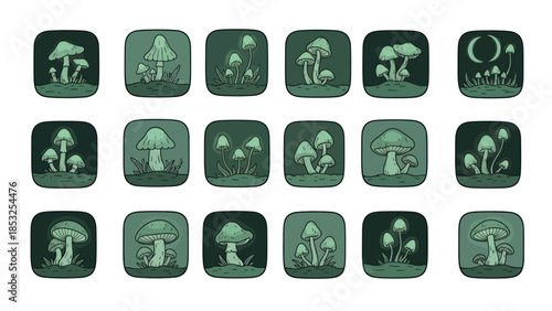 Set of various green mushroom illustrations on square backgrounds