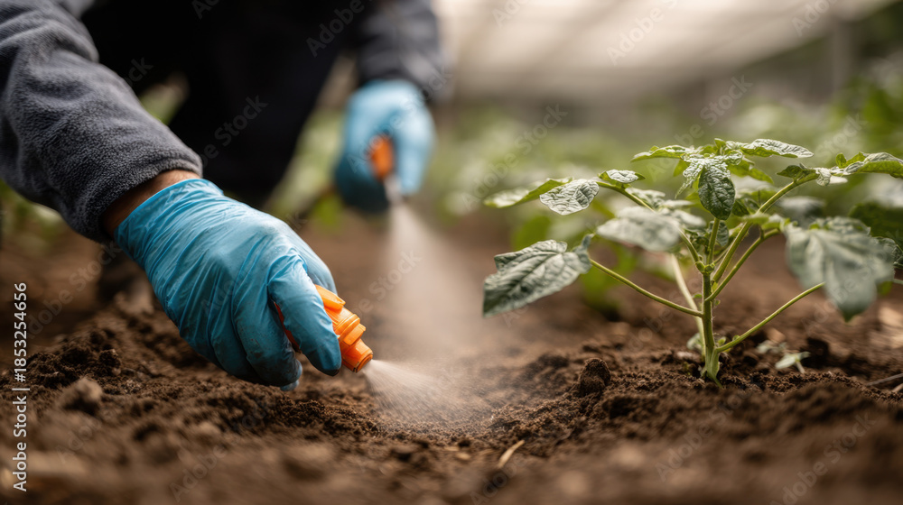 Naklejka premium Gloved hand spraying pesticide on young vegetable plant in garden soil during pest control treatment