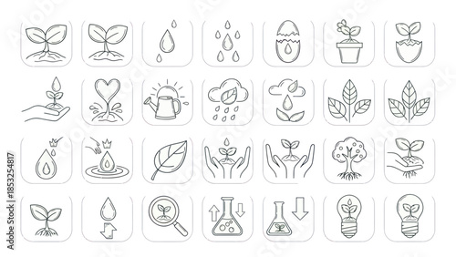 Set of minimalist plant and growth icons representing various concepts