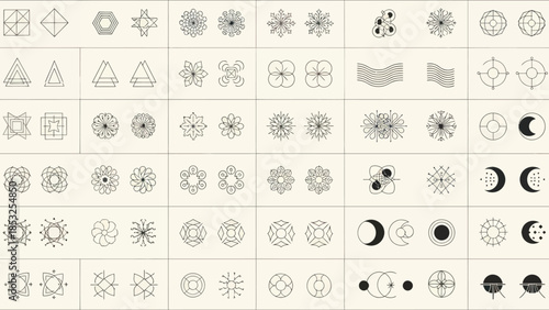 Collection of Minimalist Geometric and Celestial Design Elements.