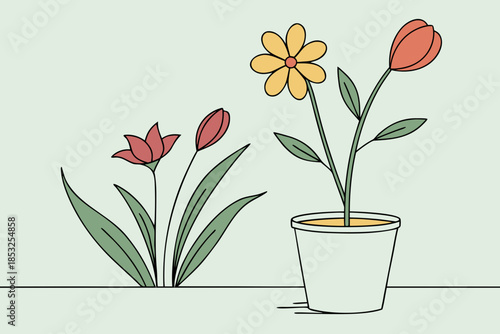 Potted Flowers Illustration with Minimal Interior Scene