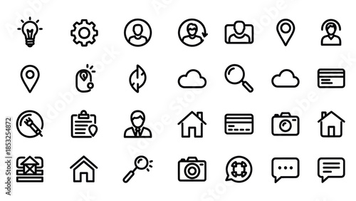 Collection of Minimalist Line Icons for User Interface Design.