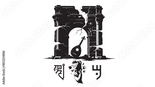 Ancient stone arch ruins with carved inscriptions and weathered facade in historic architecture scene.