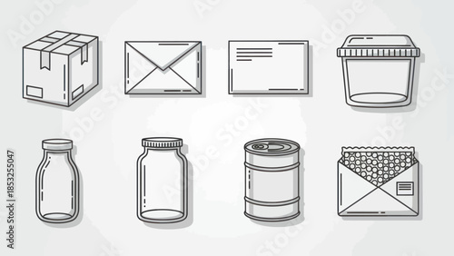 Collection of Packaging and Containers Illustrations in Line Art Style.