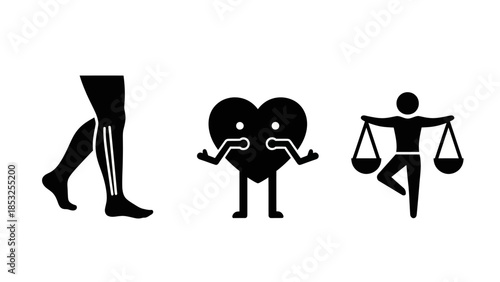 Medical health and balance icons leg heart and scales on white background